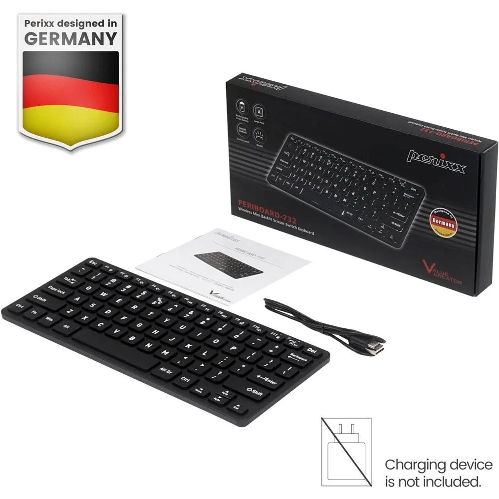 PERIBOARD-732B Wireless Backlit Mini Keyboard - X Type Scissor Keys Black
